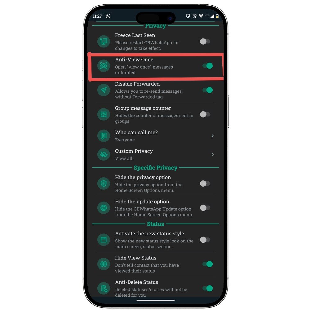 GB WhatsApp Pro privacy options in dark mode showing Anti-View Once, Disable Forwarded and more
