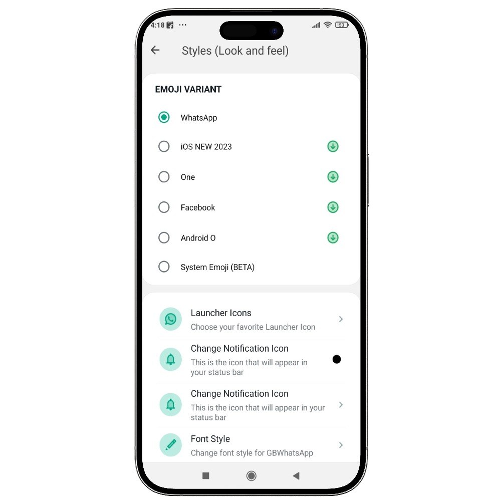 Styles screen showing Emoji Variant options including WhatsApp, iOS NEW 2023, Facebook, Android O