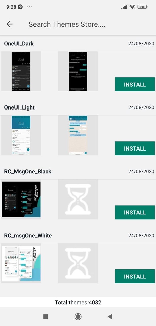 GB WhatsApp Pro Theme Store showing OneUI Dark, OneUI Light, and RC theme packs with install buttons